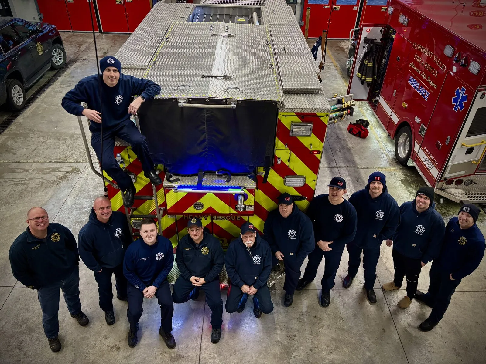 A Florissant Valley crew gathered with the heavy rescue in the apparatus bay